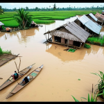 **A flooded coastal village in the Mekong Delta, Vietnam. Homes and rice paddies are submerged by seawater. Distressed villagers are living on small boats, surrounded by debris and rising water. A visual representation of climate change displacement, emphasizing the loss and struggle.**