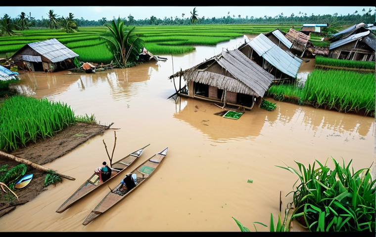 **A flooded coastal village in the Mekong Delta, Vietnam. Homes and rice paddies are submerged by seawater. Distressed villagers are living on small boats, surrounded by debris and rising water. A visual representation of climate change displacement, emphasizing the loss and struggle.**