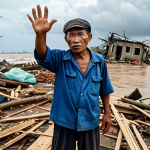 **

A middle-aged Vietnamese fisherman stands amidst the wreckage of his home, which has been destroyed by a powerful storm surge. His eyes are filled with tears as he gestures towards the debris. The background shows a devastated coastal landscape with flooded areas and damaged infrastructure. Focus on the human emotion and the environmental destruction.

**