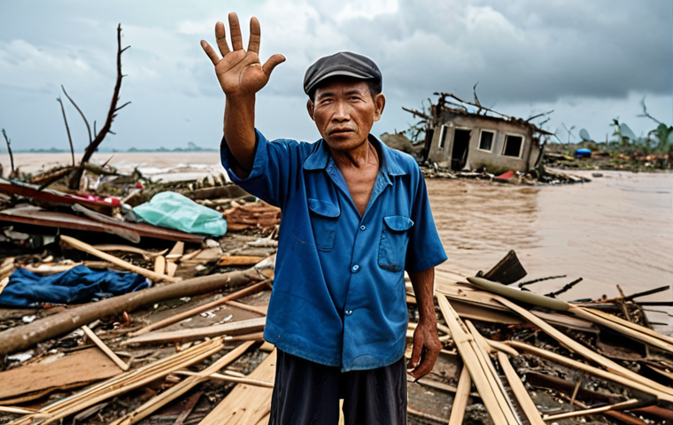 **

A middle-aged Vietnamese fisherman stands amidst the wreckage of his home, which has been destroyed by a powerful storm surge. His eyes are filled with tears as he gestures towards the debris. The background shows a devastated coastal landscape with flooded areas and damaged infrastructure. Focus on the human emotion and the environmental destruction.

**