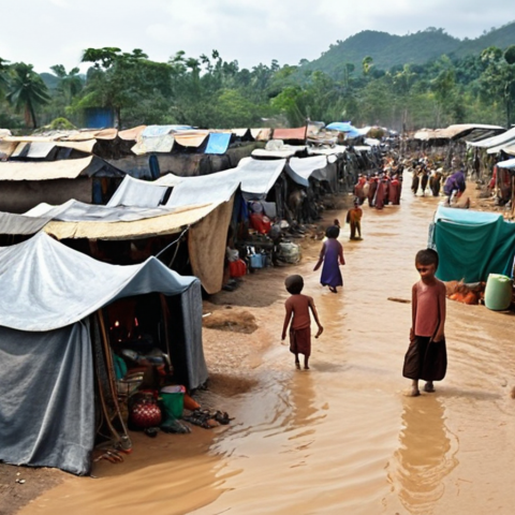 **Image Prompt:** A crowded refugee camp scene in Southeast Asia, with makeshift shelters constructed from tarps and salvaged materials. Show families struggling to cook food over open fires, with visible signs of climate change impacts like flooding or drought in the background. Emphasize the human element, with faces showing resilience and hope amidst adversity. Consider adding elements of local Vietnamese culture to the scene.