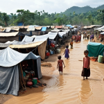**Image Prompt:** A crowded refugee camp scene in Southeast Asia, with makeshift shelters constructed from tarps and salvaged materials. Show families struggling to cook food over open fires, with visible signs of climate change impacts like flooding or drought in the background. Emphasize the human element, with faces showing resilience and hope amidst adversity. Consider adding elements of local Vietnamese culture to the scene.