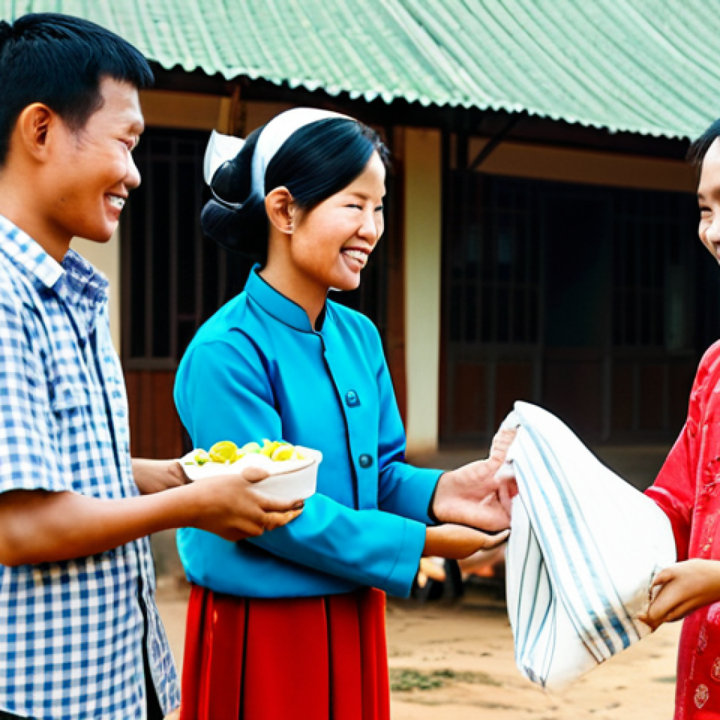**

A family of climate refugees from the Mekong Delta, fully clothed in modest, traditional Vietnamese clothing, receiving aid (food and blankets) from volunteers in a community center. Background: simple but clean community space. Focus on their faces showing gratitude and hope. Safe for work, appropriate content, professional photography, perfect anatomy, natural proportions, family-friendly.

**