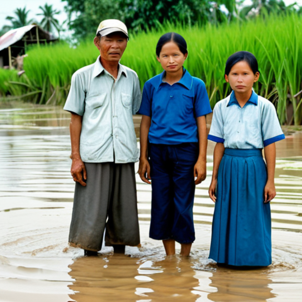 **

A resilient Vietnamese family stands amidst the aftermath of a flood in the Mekong Delta. They are fully clothed in modest, practical clothing suitable for the environment. The background shows submerged rice paddies and damaged homes. Focus on their expressions of hope and determination. safe for work, appropriate content, fully clothed, family-friendly, perfect anatomy, natural proportions, professional photography, high quality.

**