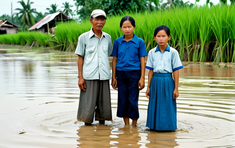 **
A resilient Vietnamese family stands amidst the aftermath of a flood in the Mekong Delta. They are fully clothed in modest, practical clothing suitable for the environment. The background shows submerged rice paddies and damaged homes. Focus on their expressions of hope and determination. safe for work, appropriate content, fully clothed, family-friendly, perfect anatomy, natural proportions, professional photography, high quality.
**