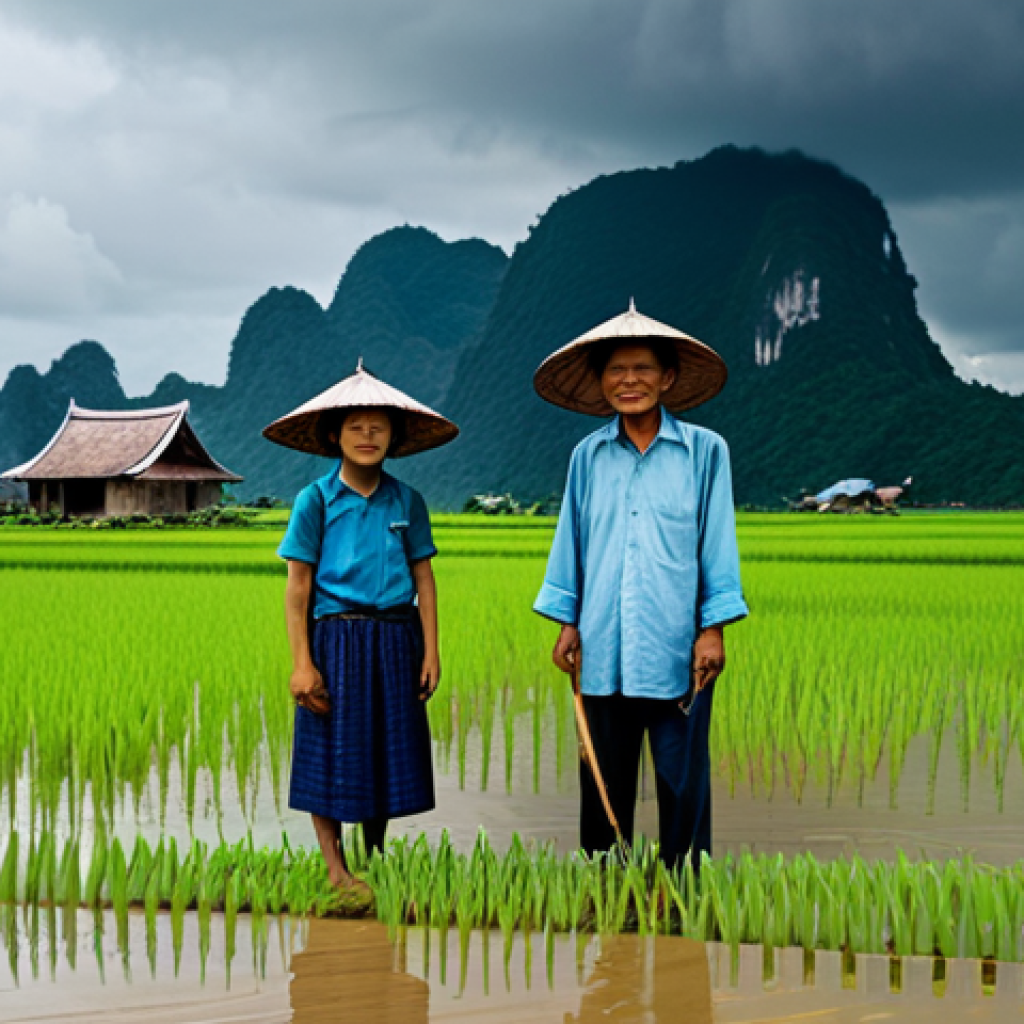 Rural Life Impacted by Climate Change**

"A Vietnamese farming family standing in a flooded rice paddy, their modest home in the background, storm clouds overhead, fully clothed in traditional ao ba ba, appropriate attire, safe for work, professional photography, perfect anatomy, natural proportions, portraying resilience in the face of climate change, family-friendly scene, realistic."

**