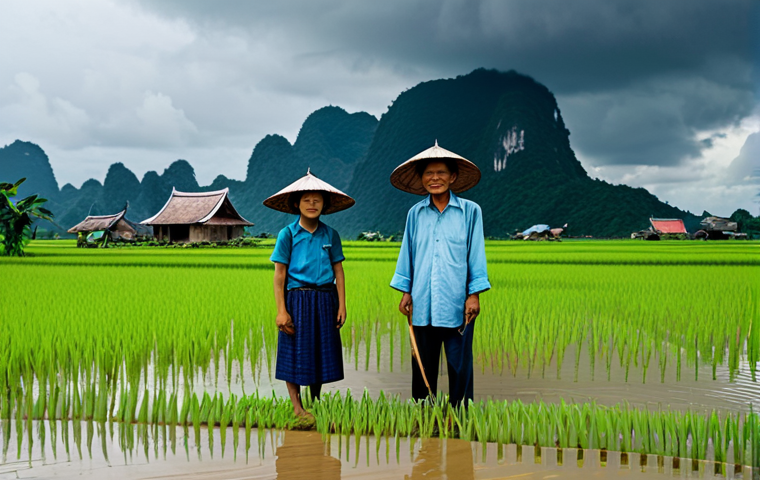 Rural Life Impacted by Climate Change**
"A Vietnamese farming family standing in a flooded rice paddy, their modest home in the background, storm clouds overhead, fully clothed in traditional ao ba ba, appropriate attire, safe for work, professional photography, perfect anatomy, natural proportions, portraying resilience in the face of climate change, family-friendly scene, realistic."
**