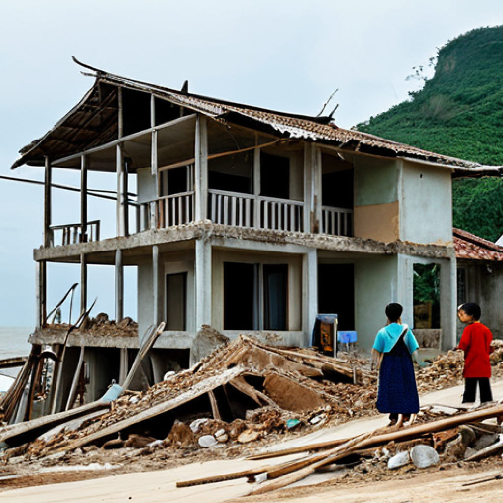 Coastal Village Erosion**

"A fully clothed Vietnamese family standing near their damaged house, overlooking a coastline severely eroded by rising sea levels. The scene conveys a sense of loss and displacement, appropriate content, safe for work. Background: Collapsed structures, debris, and the encroaching ocean. Style: Documentary photography, natural lighting, realistic depiction, perfect anatomy, correct proportions, professional quality."

**