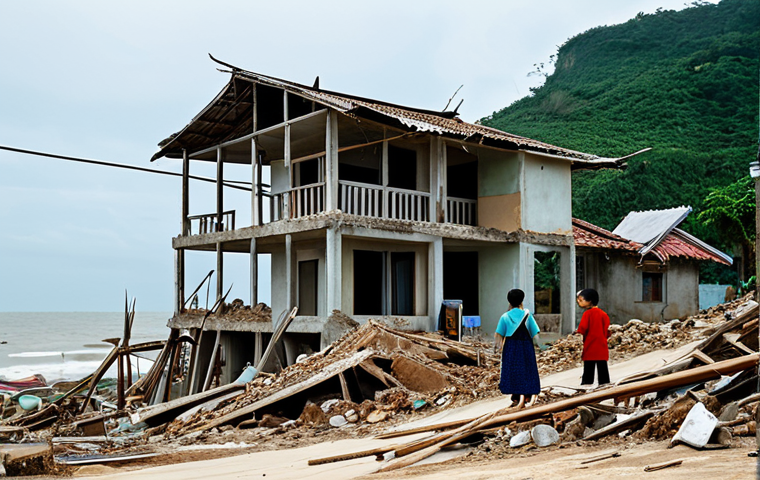 Coastal Village Erosion**
"A fully clothed Vietnamese family standing near their damaged house, overlooking a coastline severely eroded by rising sea levels. The scene conveys a sense of loss and displacement, appropriate content, safe for work. Background: Collapsed structures, debris, and the encroaching ocean. Style: Documentary photography, natural lighting, realistic depiction, perfect anatomy, correct proportions, professional quality."
**