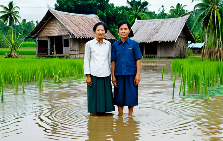 기후 난민과 법적 지원 프로그램 - **

A family of Vietnamese farmers, fully clothed in traditional Ao Ba Ba, standing in a flooded ric...