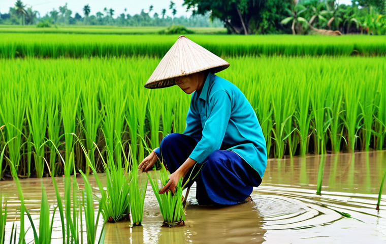 기후 난민 대책의 필요성 - Adapting Agriculture**
"A Vietnamese farmer, fully clothed in traditional áo bà ba, tending to drou...