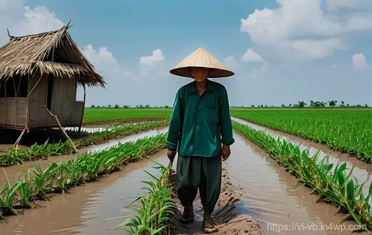기후 난민 대책을 위한 정책 제안 - **Prompt:** A cinematic wide shot capturing the enduring spirit of farmers in the Mekong Delta, Viet...