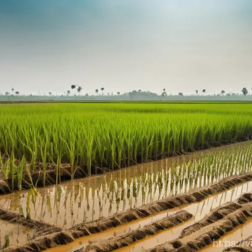 기후 난민 문제에 대한 언론 보도 분석 - **Prompt:** A wide-angle, realistic photo of a vast, parched rice field in the Mekong Delta, Vietnam...