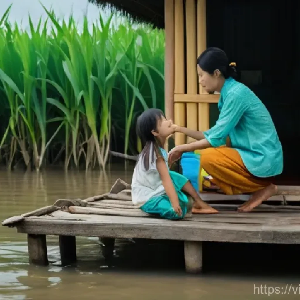 기후 난민과 국제 법적 책임 - **Prompt:** A Vietnamese family, consisting of a father, mother, and their young child (wearing a cl...