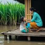 기후 난민과 국제 법적 책임 - **Prompt:** A Vietnamese family, consisting of a father, mother, and their young child (wearing a cl...