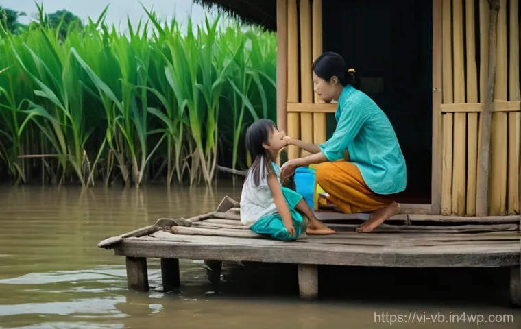 기후 난민과 국제 법적 책임 - **Prompt:** A Vietnamese family, consisting of a father, mother, and their young child (wearing a cl...