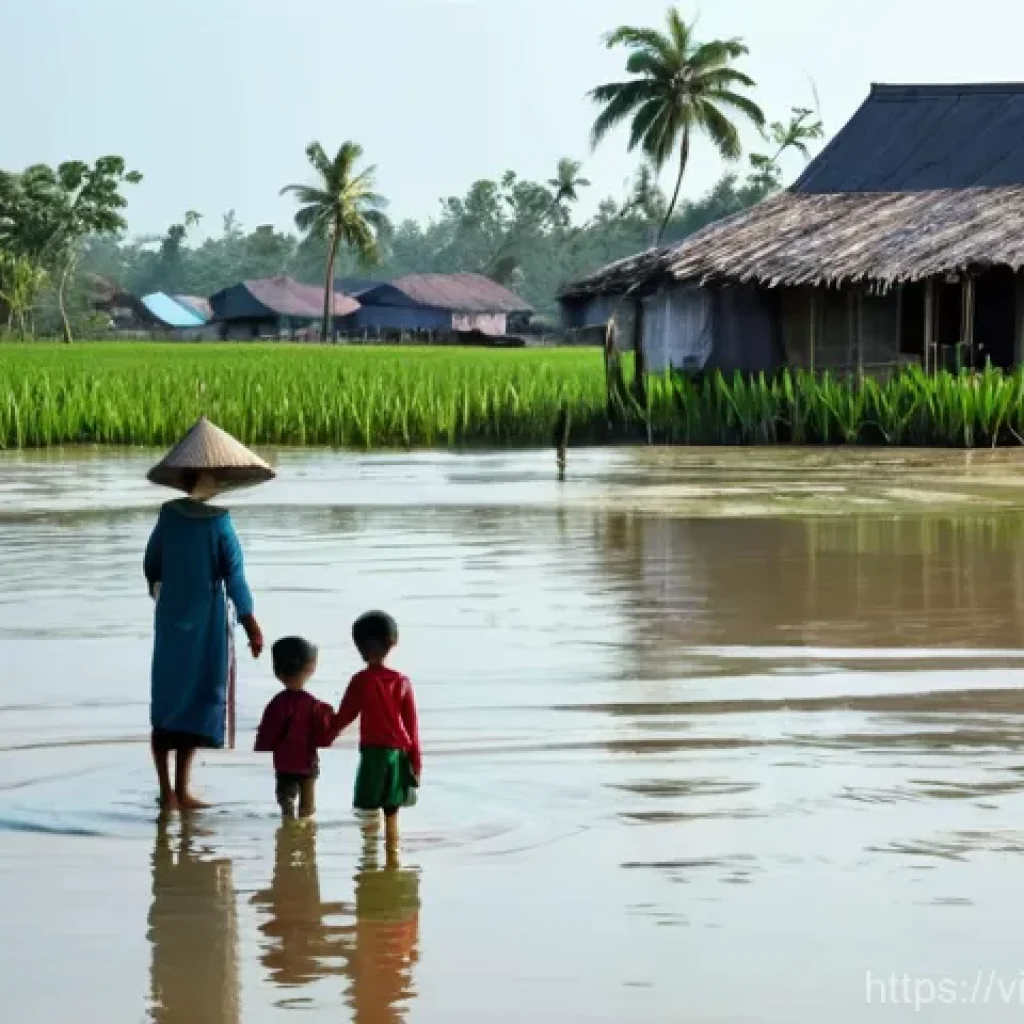 기후 난민과 생태계 복원 - **Prompt:** A serene yet determined Vietnamese family, consisting of a mother, father, and two child...