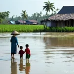 기후 난민과 생태계 복원 - **Prompt:** A serene yet determined Vietnamese family, consisting of a mother, father, and two child...