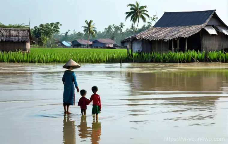 기후 난민과 생태계 복원 - **Prompt:** A serene yet determined Vietnamese family, consisting of a mother, father, and two child...