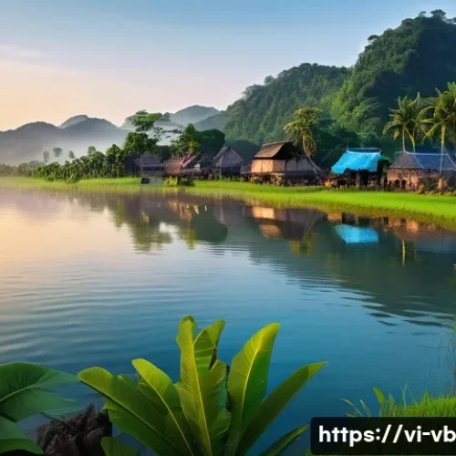 기후 난민 문제 해결을 위한 기술적 접근 - A coastal Vietnamese village in Central Vietnam at dawn, featuring modern environmental sensor devic...