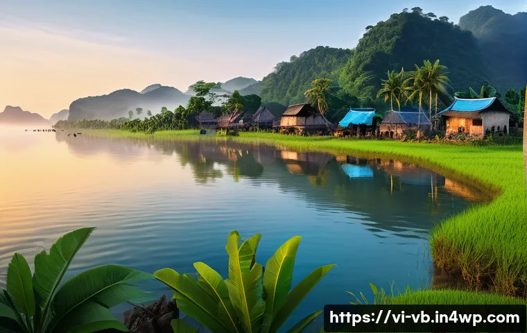 기후 난민 문제 해결을 위한 기술적 접근 - A coastal Vietnamese village in Central Vietnam at dawn, featuring modern environmental sensor devic...