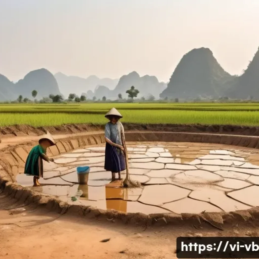기후 난민과 식수 문제 - A rural Vietnamese village scene during a prolonged drought caused by climate change, showing cracke...