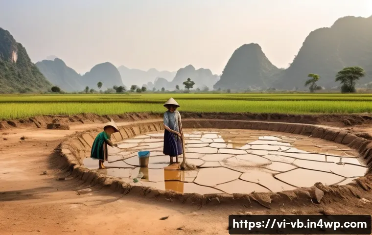 기후 난민과 식수 문제 - A rural Vietnamese village scene during a prolonged drought caused by climate change, showing cracke...