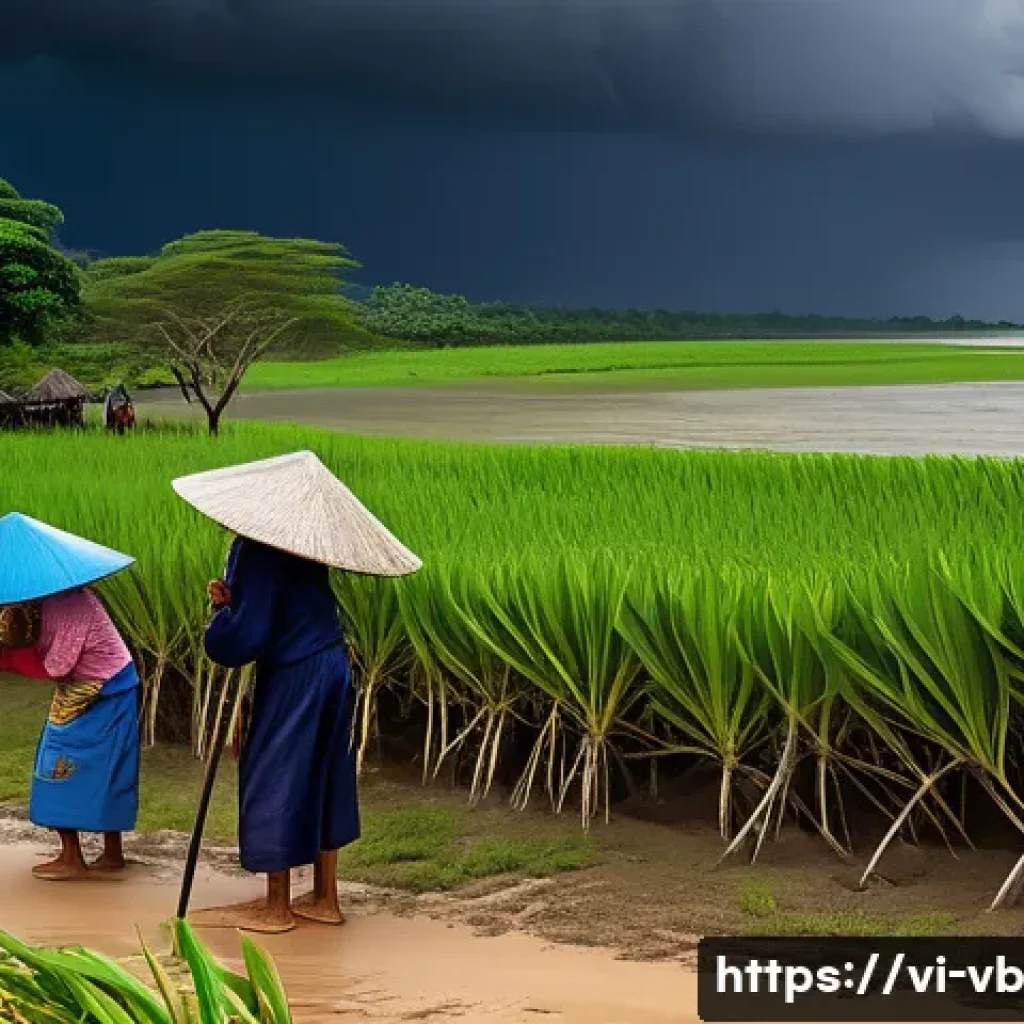기후 난민의 방지와 적응 전략 - A Vietnamese rural coastal community preparing for an incoming storm, showing diverse villagers incl...
