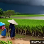 Home 22 기후 난민의 방지와 적응 전략 - A Vietnamese rural coastal community preparing for an incoming storm, showing diverse villagers incl...