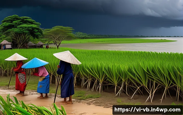 기후 난민의 방지와 적응 전략 - A Vietnamese rural coastal community preparing for an incoming storm, showing diverse villagers incl...