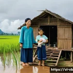 Home 21 기후 난민 문제의 심리적 영향 - A Vietnamese rural family standing outside their damaged traditional stilt house after a natural dis...