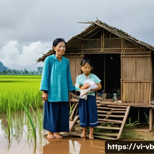 Home 33 기후 난민 문제의 심리적 영향 - A Vietnamese rural family standing outside their damaged traditional stilt house after a natural dis...