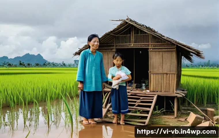 기후 난민 문제의 심리적 영향 - A Vietnamese rural family standing outside their damaged traditional stilt house after a natural dis...