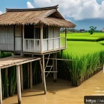 Home 18 기후 난민의 회복력 증진 전략 - A coastal Vietnamese village scene showing resilient, eco-friendly houses built with sustainable mat...