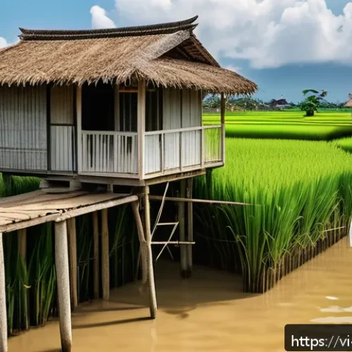 Home 30 기후 난민의 회복력 증진 전략 - A coastal Vietnamese village scene showing resilient, eco-friendly houses built with sustainable mat...