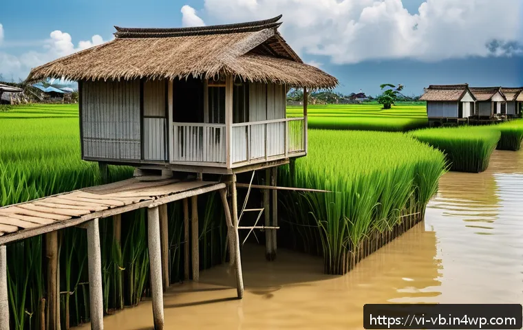 기후 난민의 회복력 증진 전략 - A coastal Vietnamese village scene showing resilient, eco-friendly houses built with sustainable mat...