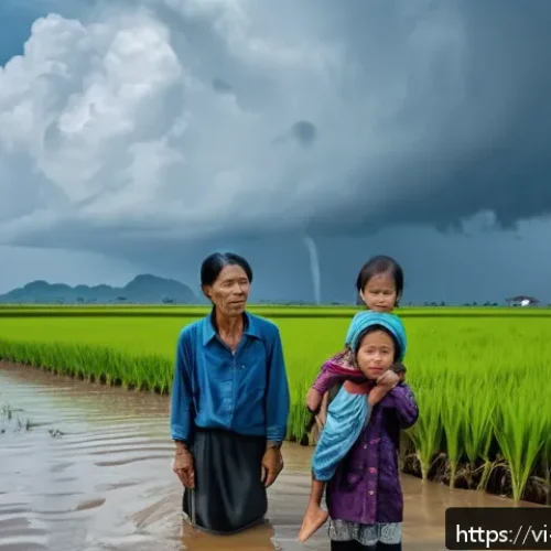Home 17 기후 난민 대책의 법적 쟁점 - A detailed scene depicting a Vietnamese rural family affected by climate change, standing near a flo...