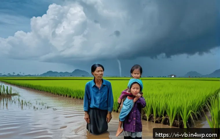 기후 난민 대책의 법적 쟁점 - A detailed scene depicting a Vietnamese rural family affected by climate change, standing near a flo...