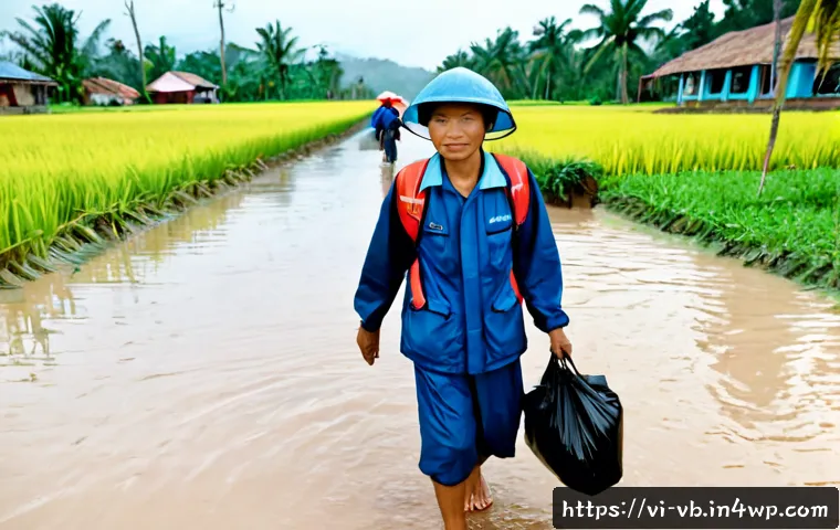 Home 17 기후 난민과 재난 관리 - Photorealistic wide documentary scene in rural central Vietnam after severe flooding, a Vietnamese f...