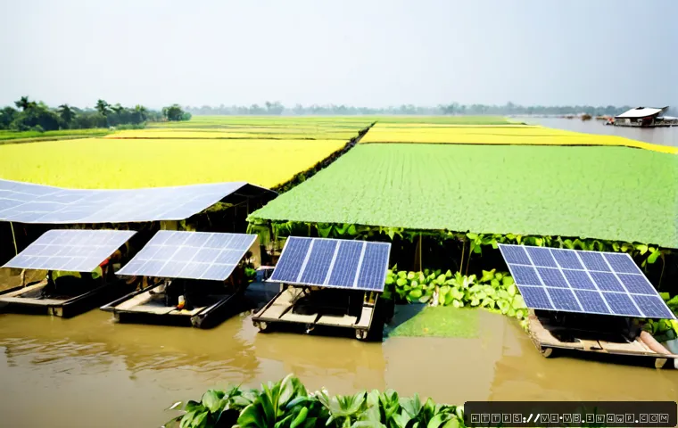 Home 13 기후 난민 문제 해결을 위한 혁신적 접근법 - Photorealistic wide scene in Vietnam’s Mekong Delta, a climate-resilient floating community center b...